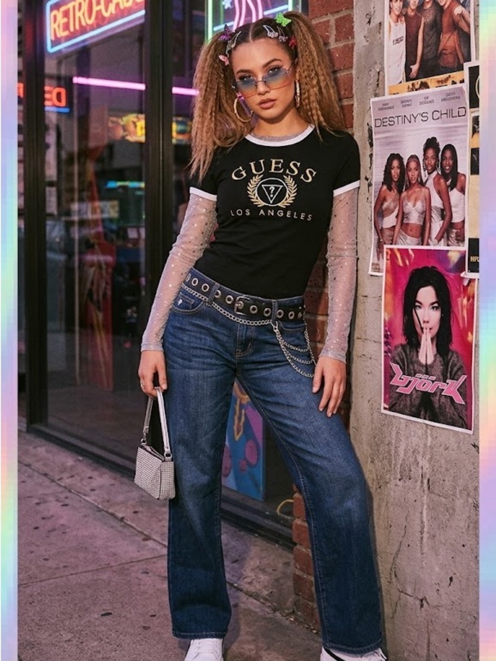 Y2K Vintage Guess Los Angeles black gold embroidered logo baby Tee shirt| size M